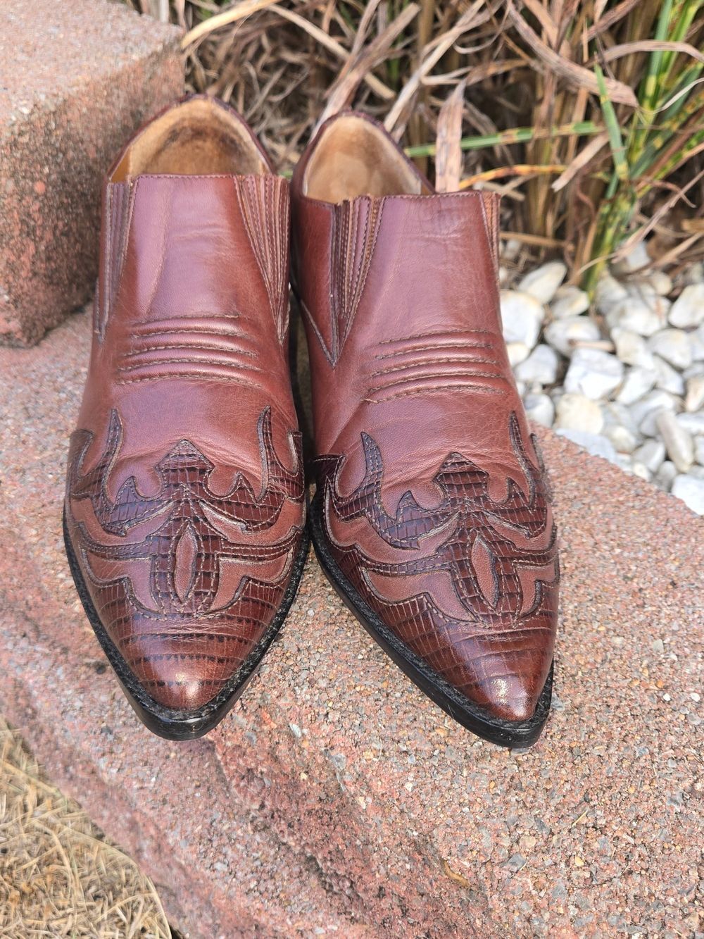Hunters Club Womens 8M Brown Leather Lizard Print Pointed Toe Western Booties